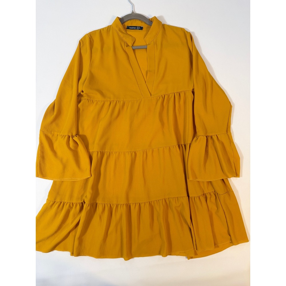Boohoo Smock Dress Womens 8 Mustard Yellow Excellent Tiered Bell Sleeve Mini